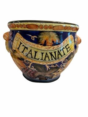 Italianate Hand-Painted Ceramic Planter in Blue and Gold